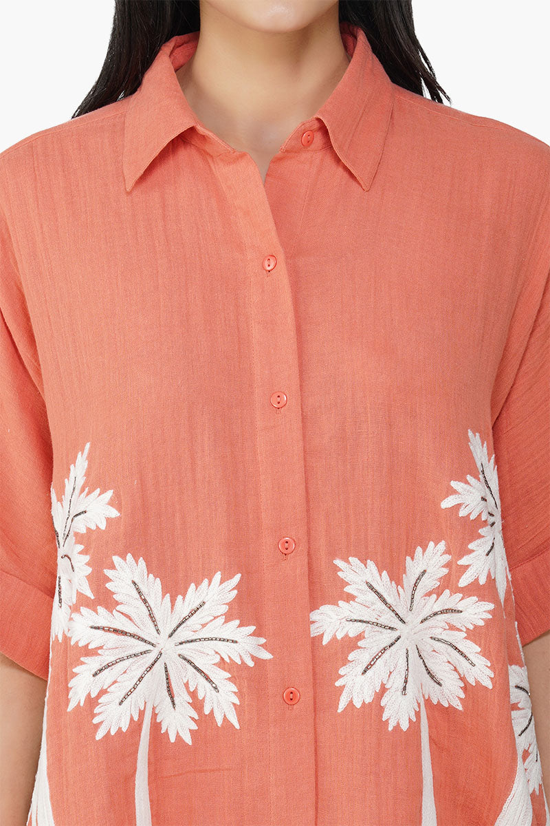 Baga Coral Palm Embellished Cover Up Shirt