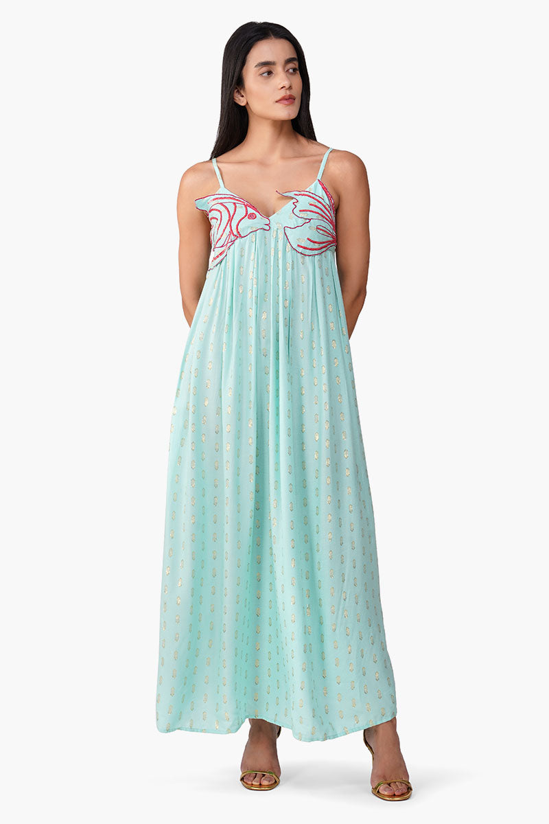 Embellished Aqua Ariel Flared Maxi Dress