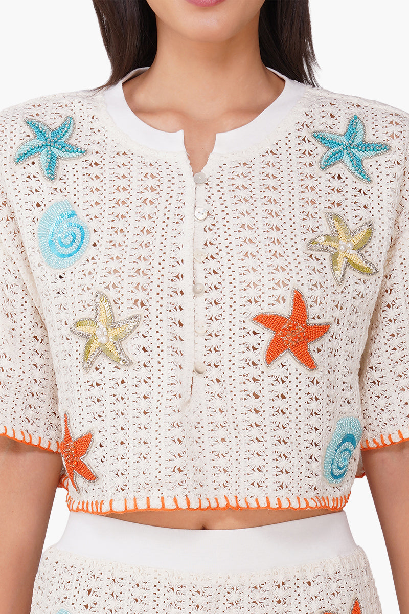 Coastel Patch Crochet Embellished Crop Oversized Shirt