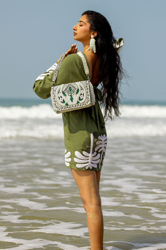 Emerald Stone Embellished Shoulder Bag