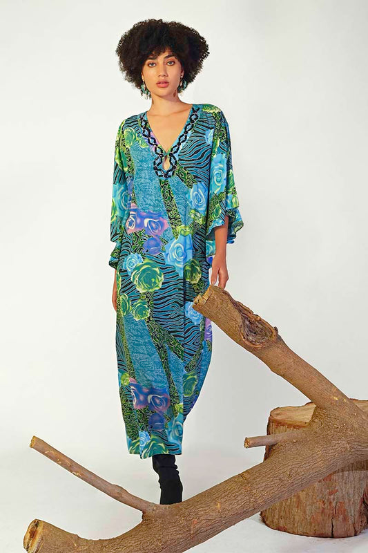 Blue Carribean Floral Printed Maxi Dress