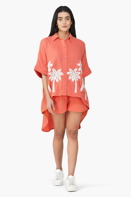 Baga Coral Palm Embellished Cover Up Shirt