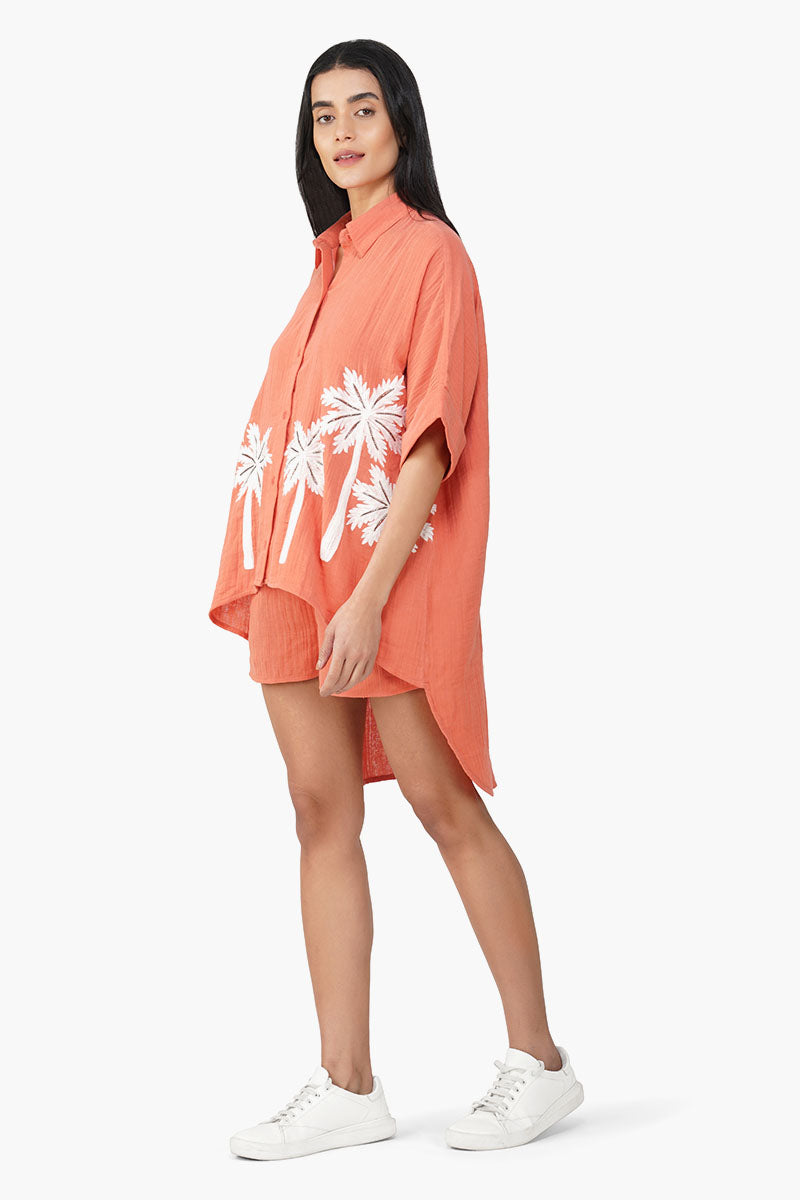 Baga Coral Palm Embellished Cover Up Shirt