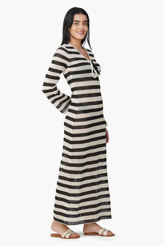 Charcoal Stripe Crochet Long Dress