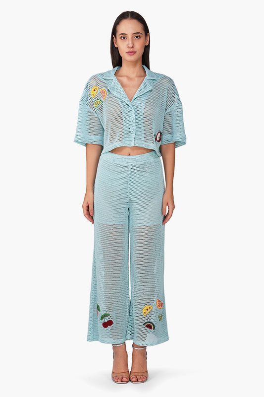Iced Fruit Embroidered Crochet Crop Shirt
