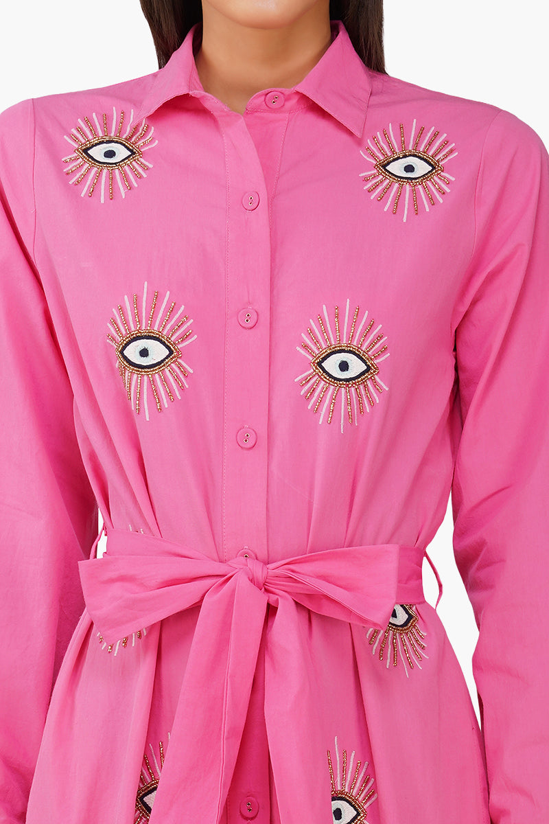 Bold Blink Pink Embellished Shirt Dress