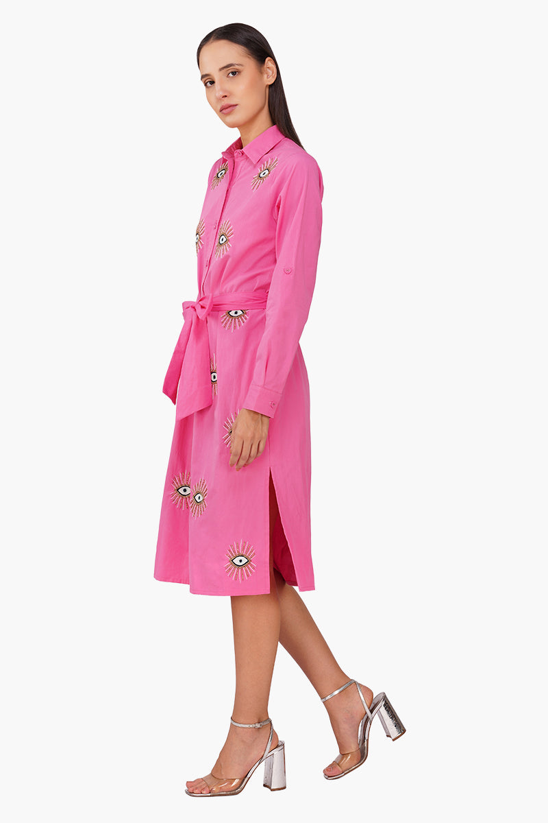 Bold Blink Pink Embellished Shirt Dress