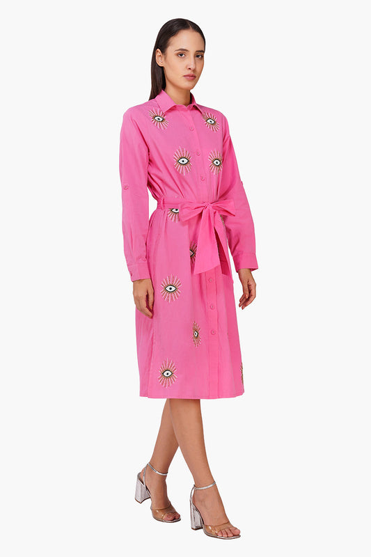Bold Blink Pink Embellished Shirt Dress