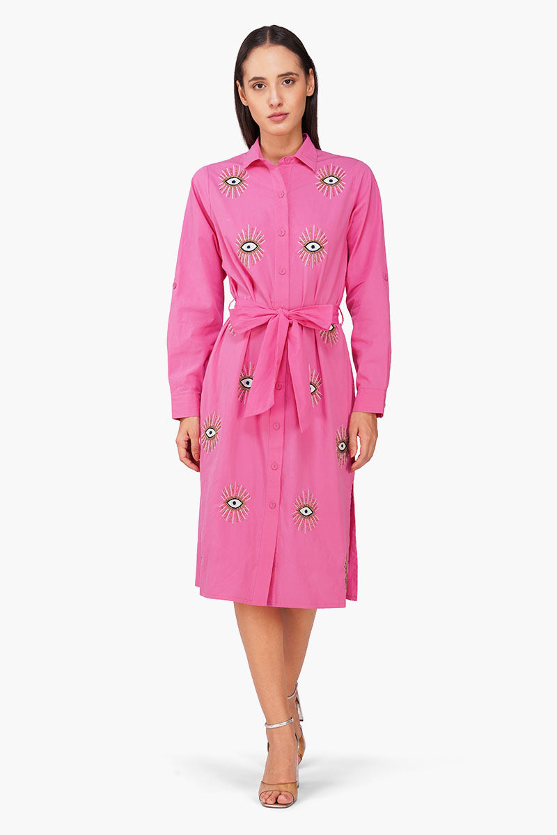 Bold Blink Pink Embellished Shirt Dress