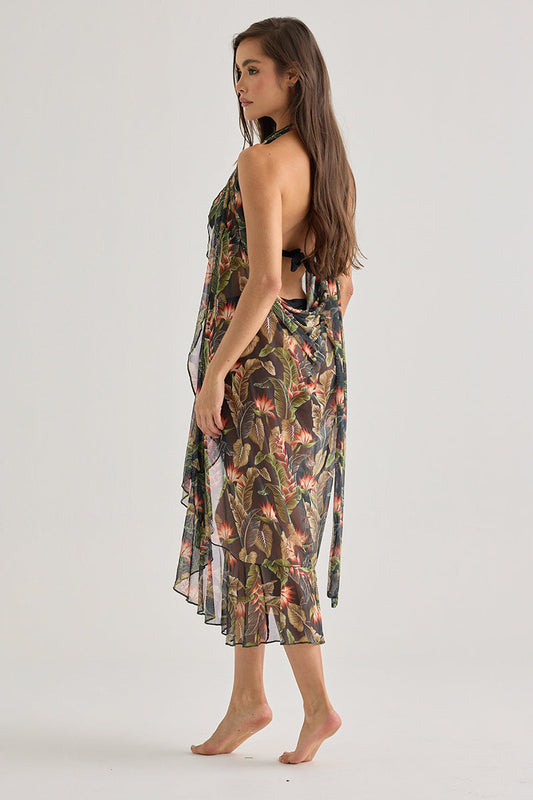Beach  Skirt With Tropical Print-Ruffles And Sheer Fabric
