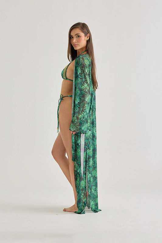 Tropical Leaf Sheer Kimono – Lightweight Beach Cover-Up
