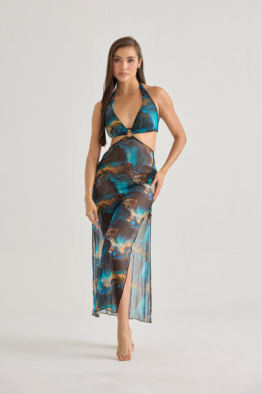 Blue Marble Mesh Halter Dress – Sheer, Flowy & Resort-Ready